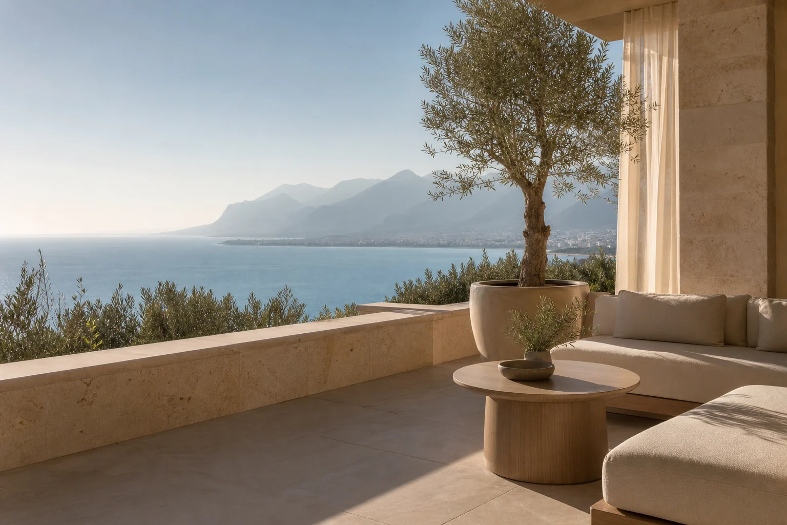 A calm Mediterranean terrace overlooking Antalya